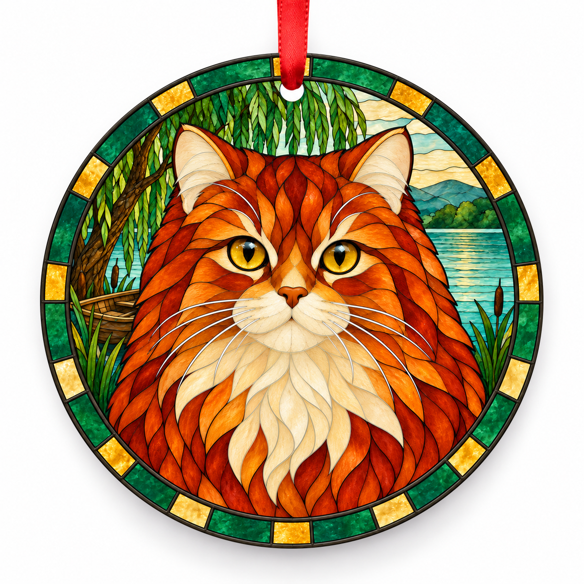 Cymric Red porcelain Christmas ornament with red ribbon — ORN-10511