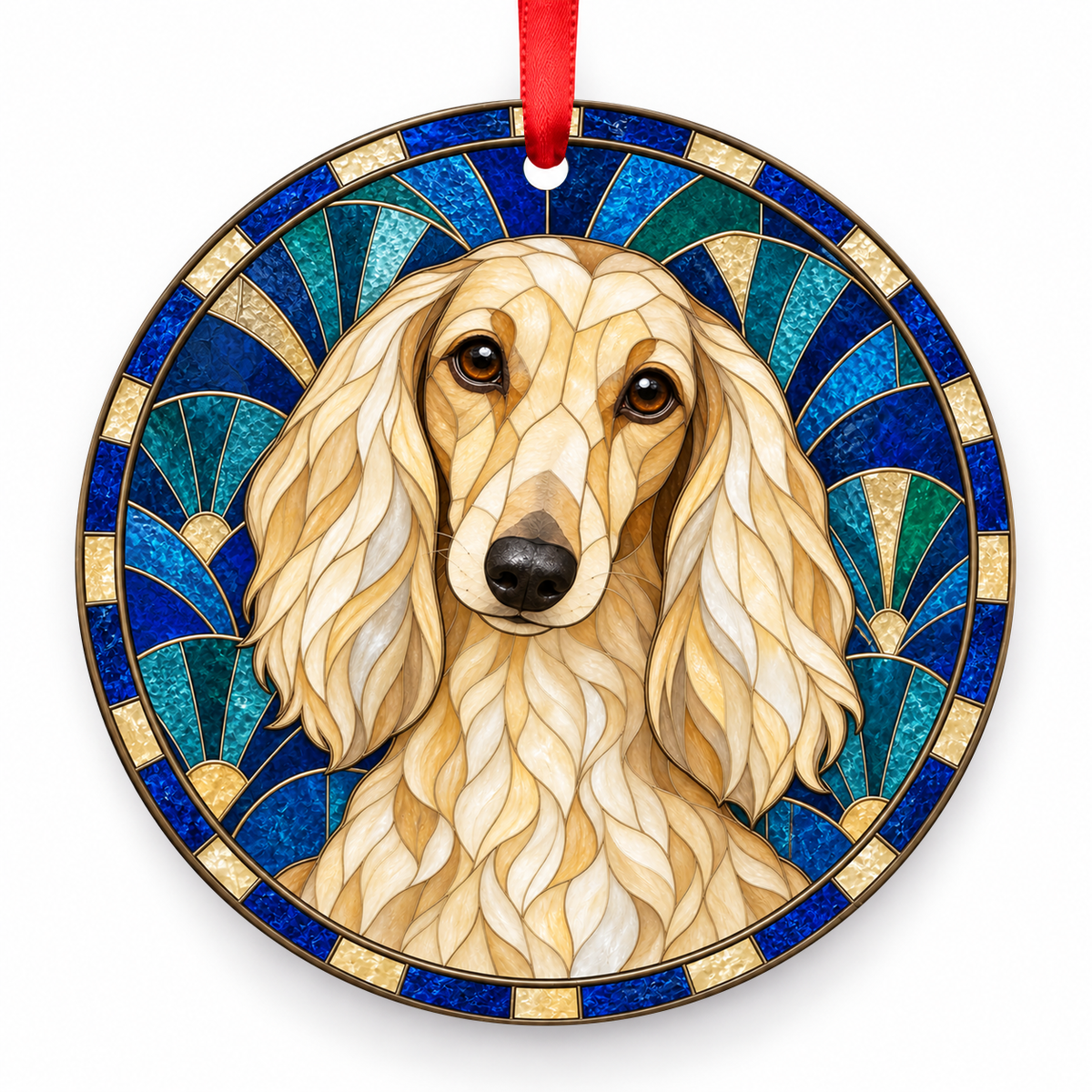 Dachshund Cream Longhaired porcelain Christmas ornament with red ribbon — ORN-10519
