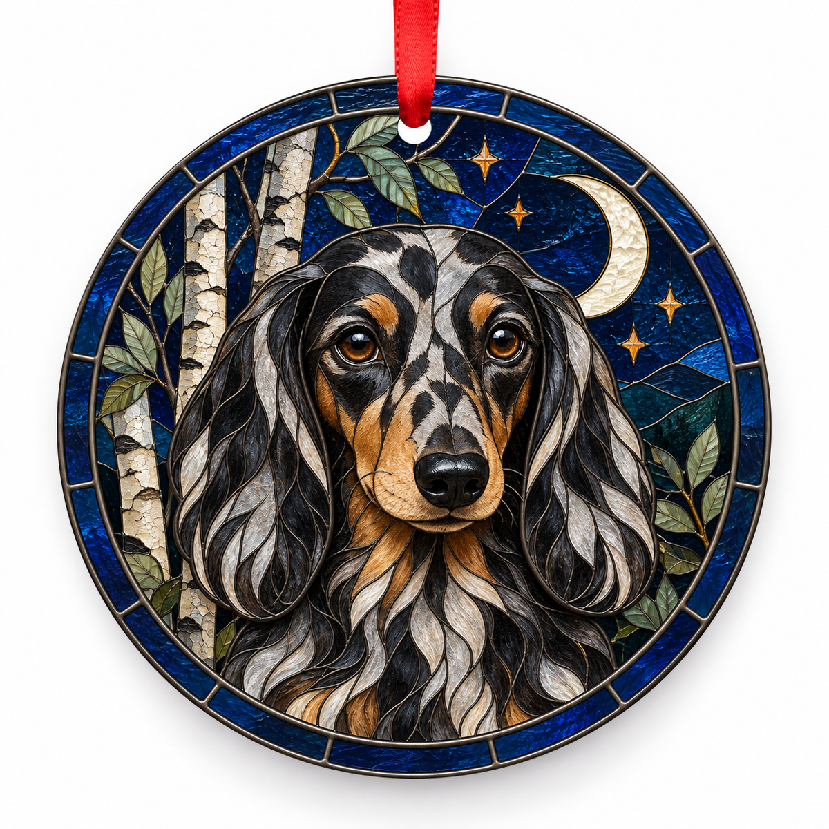 Dachshund Silver Dapple Longhaired porcelain Christmas ornament with red ribbon — ORN-10522