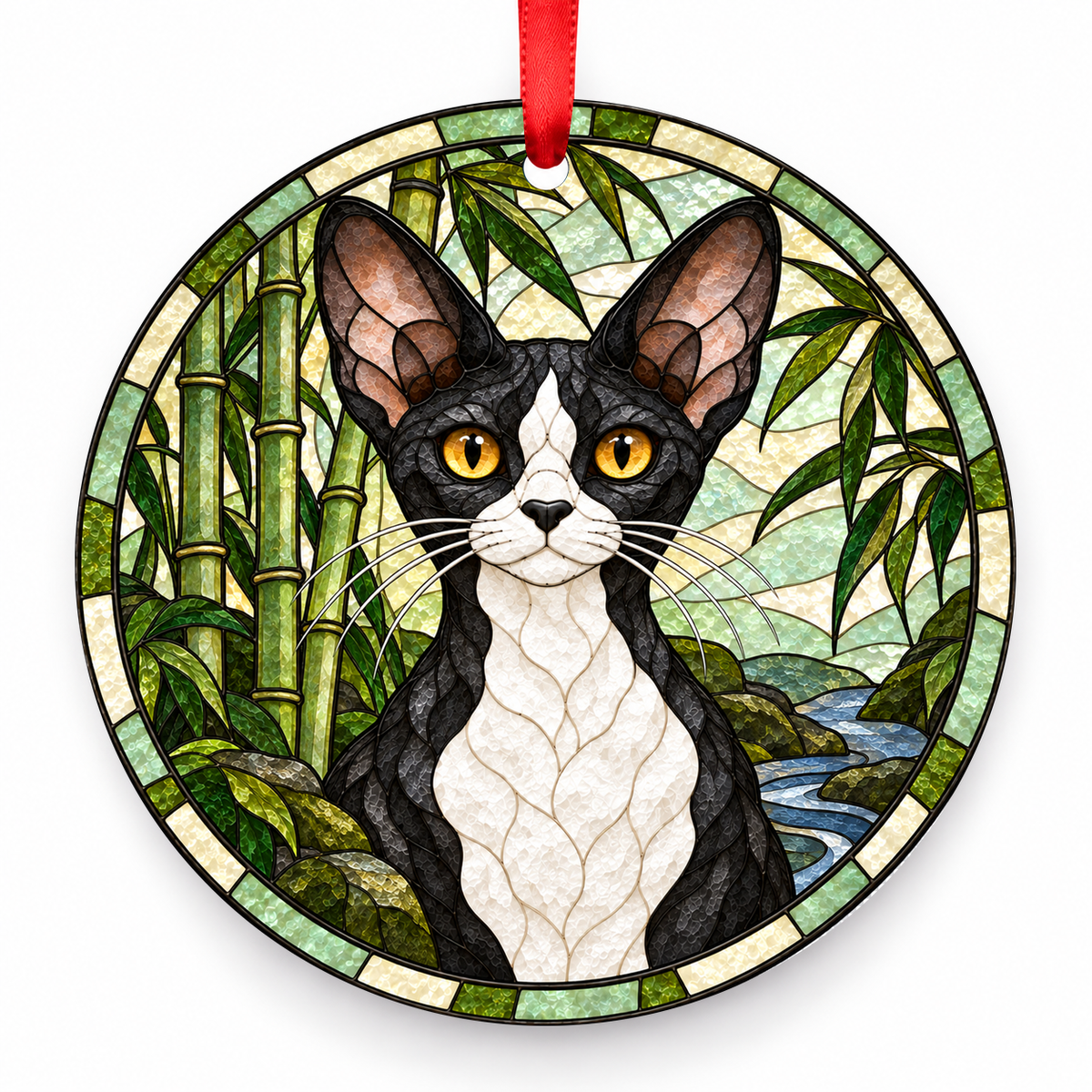 Devon Rex Black and White porcelain Christmas ornament with red ribbon — ORN-10540