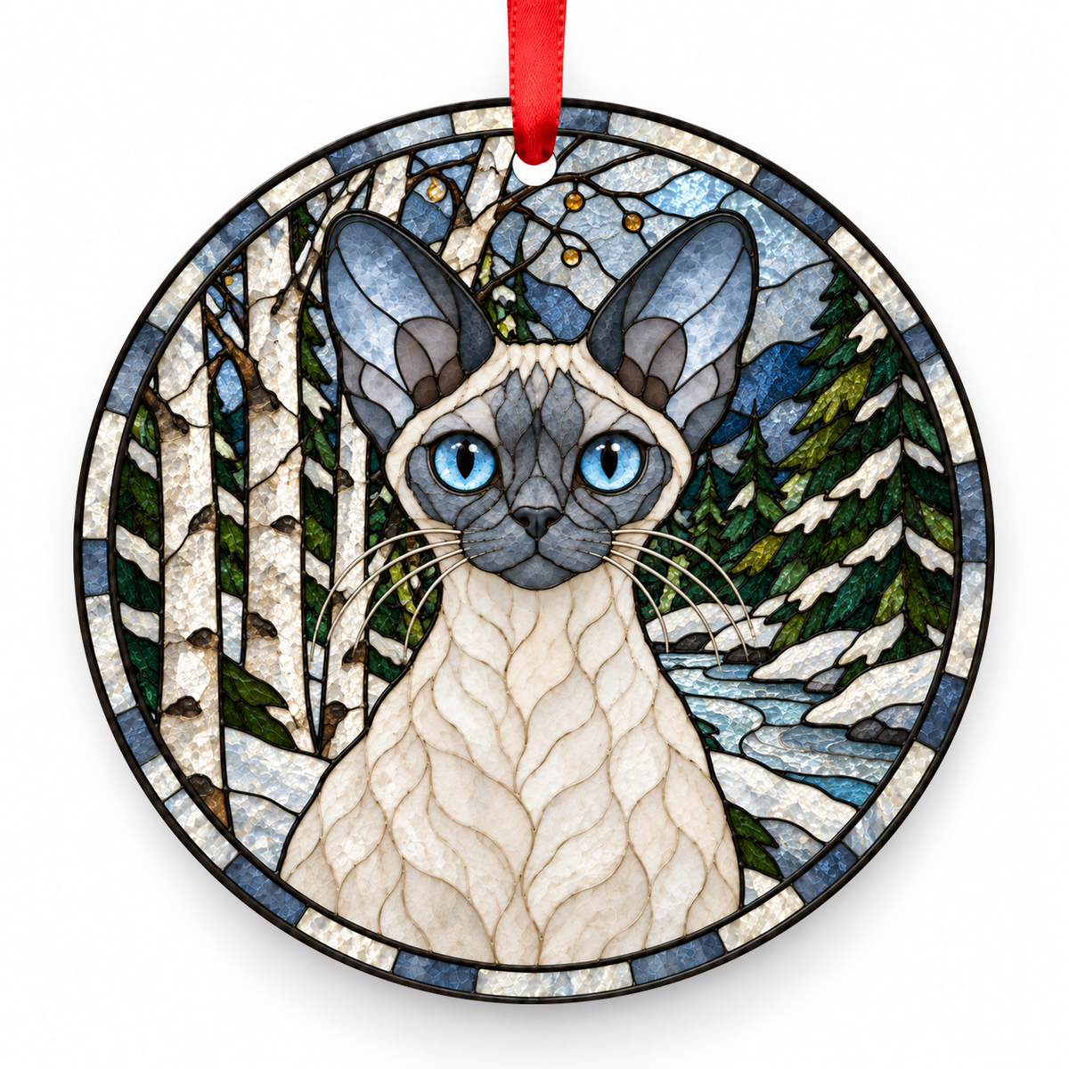 Devon Rex Blue Point porcelain Christmas ornament with red ribbon — ORN-10544