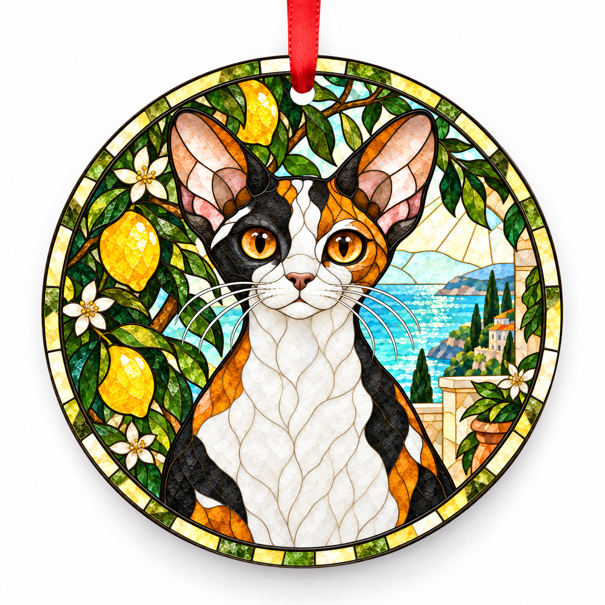 Devon Rex Calico porcelain Christmas ornament with red ribbon — ORN-10545