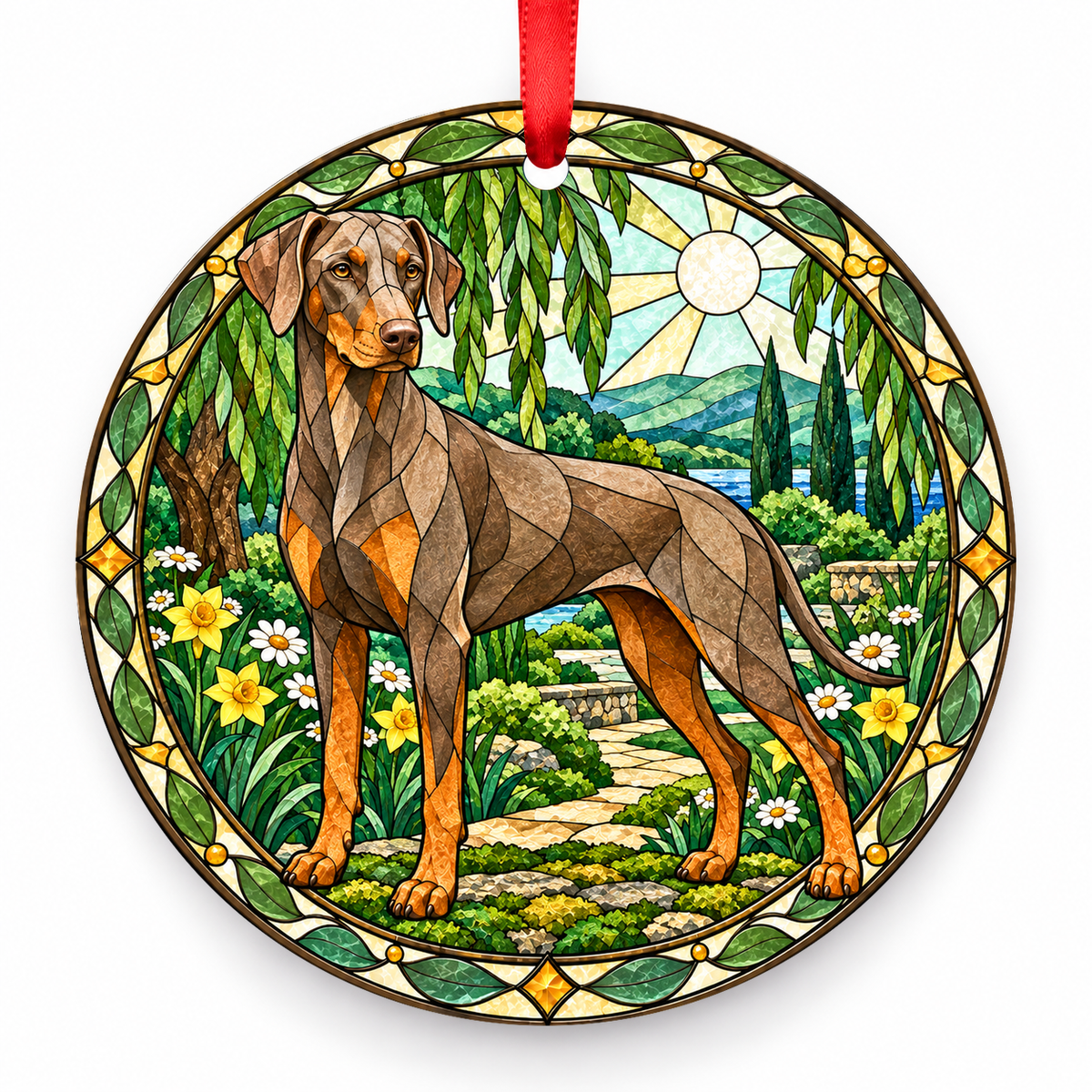 Doberman Pinscher Fawn and Rust porcelain Christmas ornament with red ribbon — ORN-10559