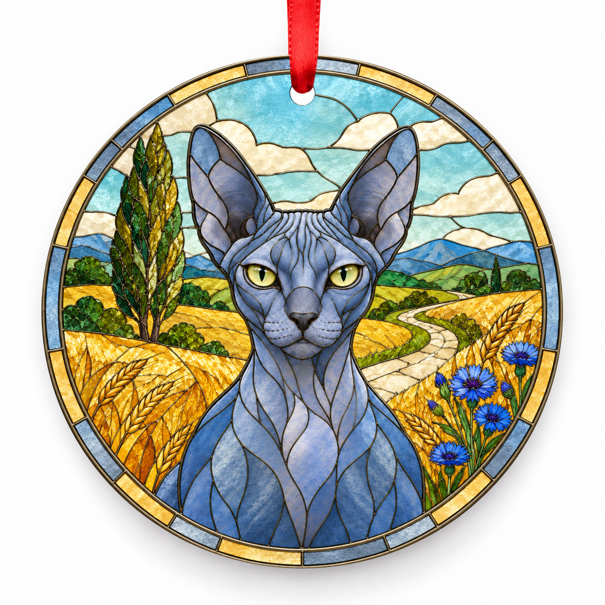 Donskoy Blue porcelain Christmas ornament with red ribbon — ORN-10568