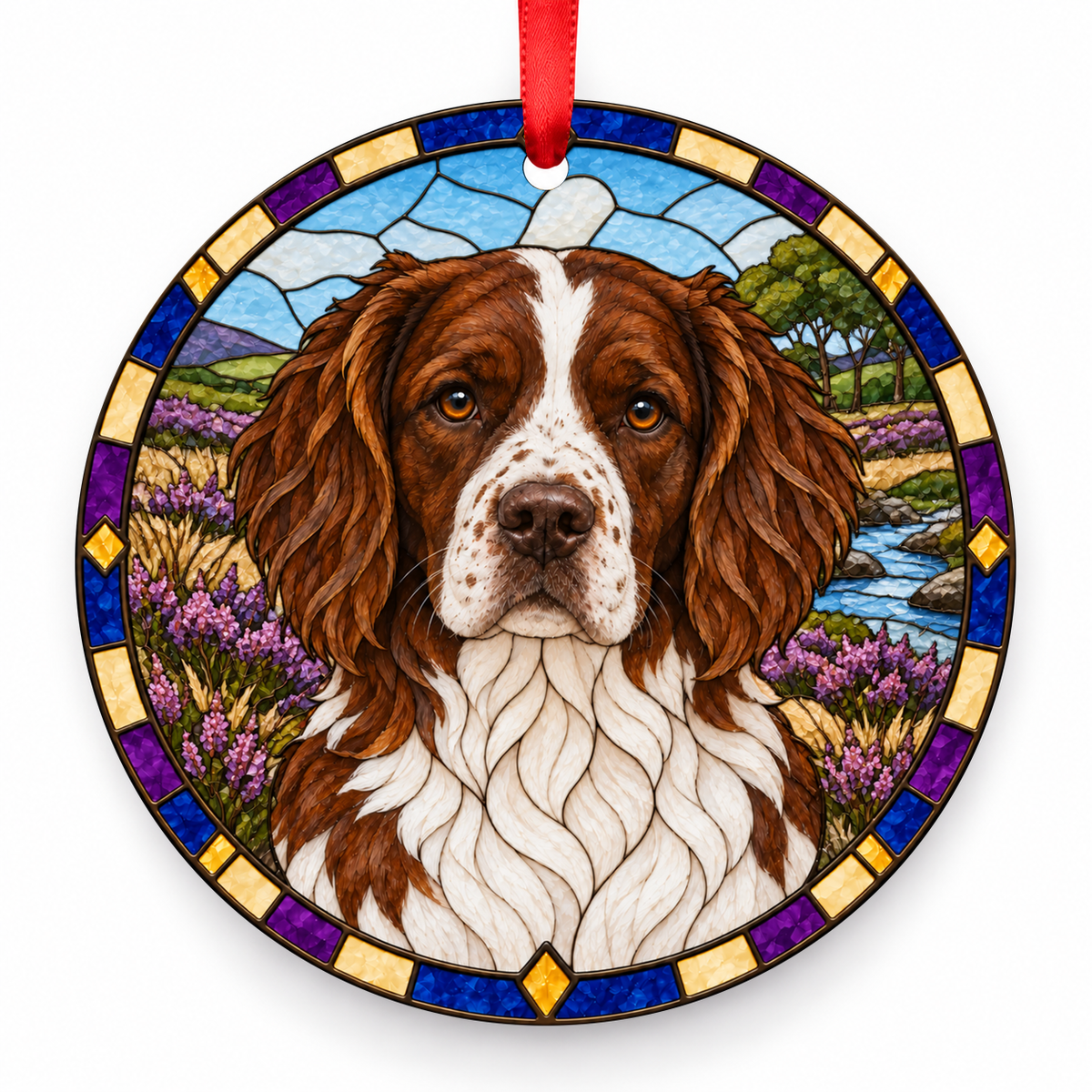 Drentsche Partridge Dog Brown and White porcelain Christmas ornament with red ribbon — ORN-10585