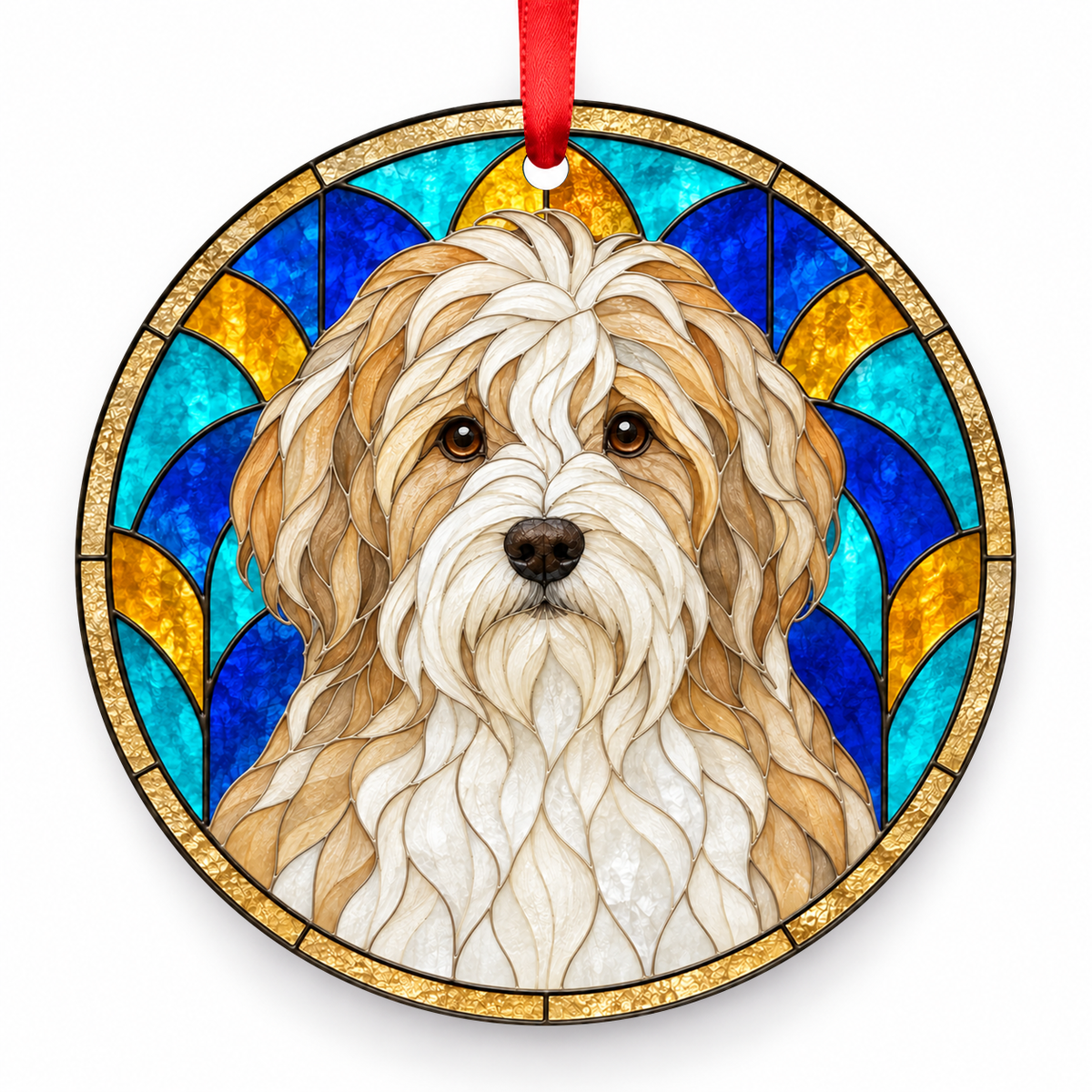 Dutch Schapendoes Beige and White porcelain Christmas ornament with red ribbon — ORN-10592