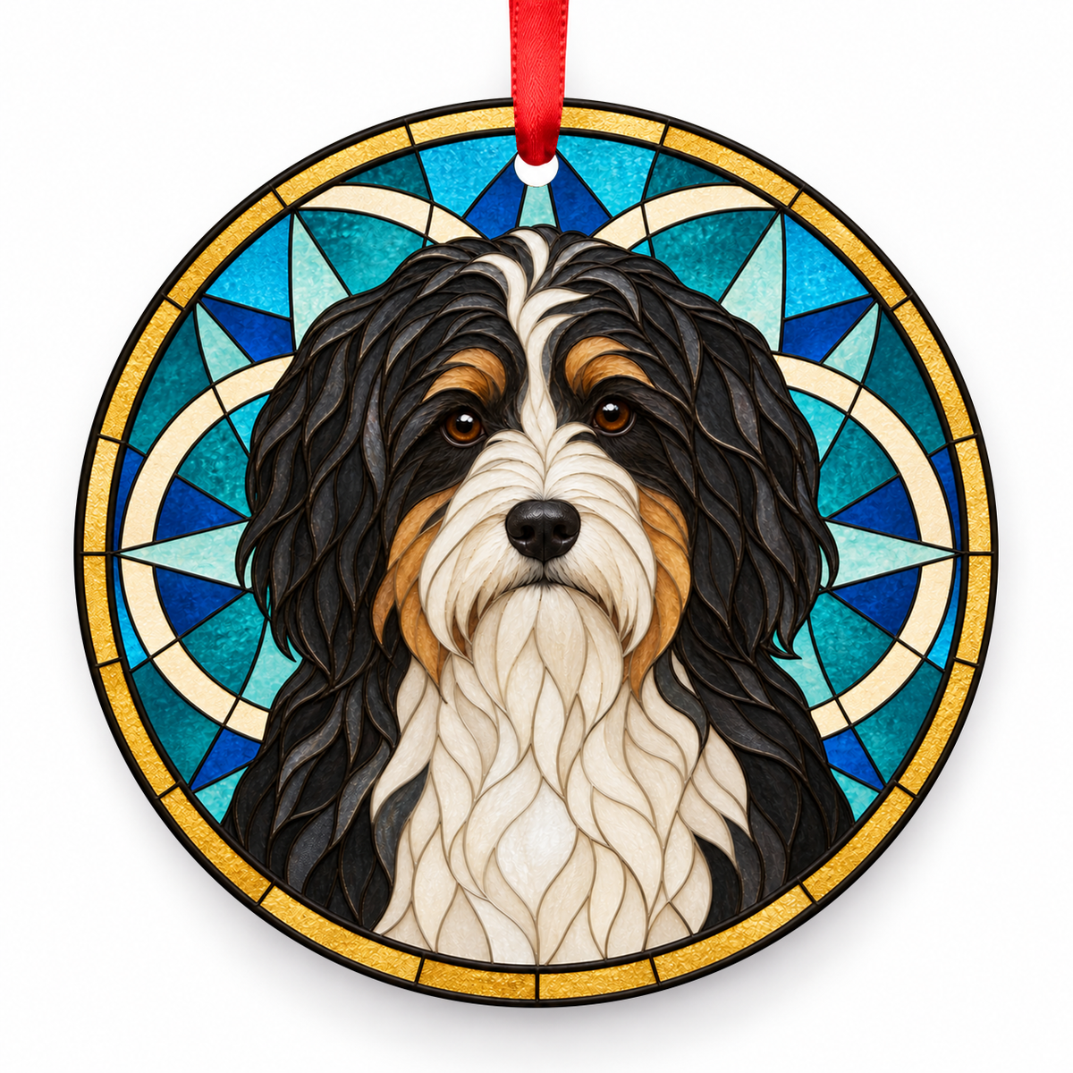 Dutch Schapendoes Tricolor porcelain Christmas ornament with red ribbon — ORN-10600