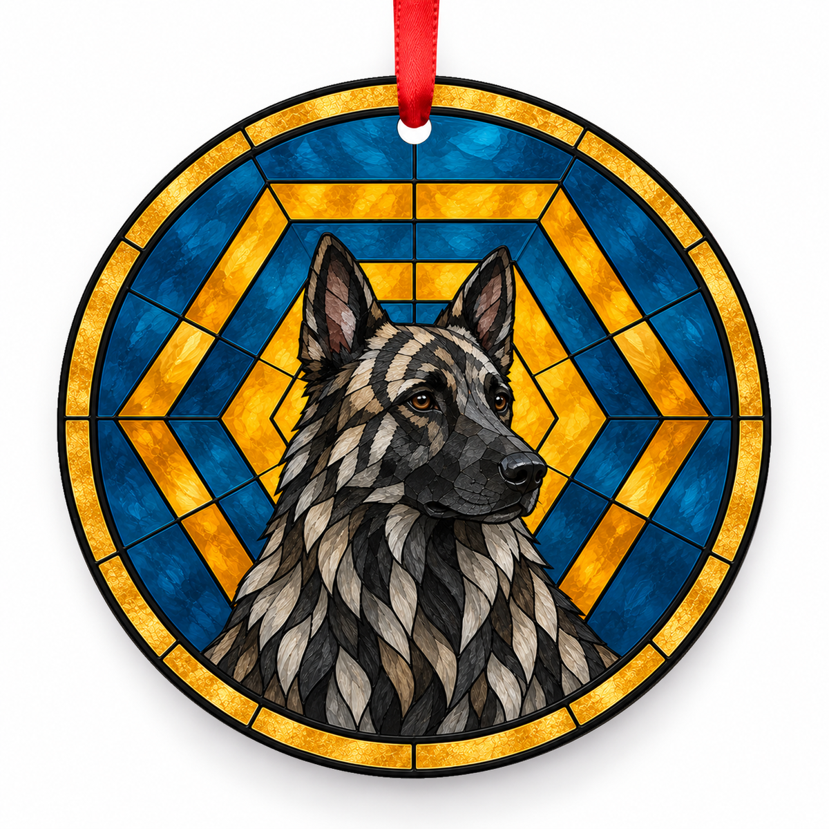 Dutch Shepherd Dog Long Hair Silver Brindle porcelain Christmas ornament with red ribbon — ORN-10603