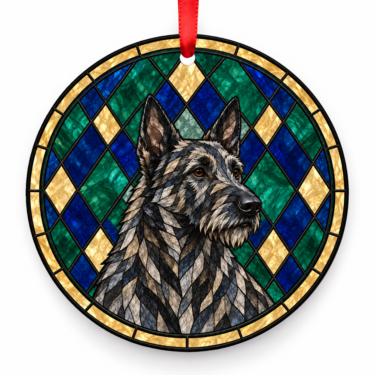 Dutch Shepherd Dog Wire Hair Silver Brindle porcelain Christmas ornament with red ribbon — ORN-10607