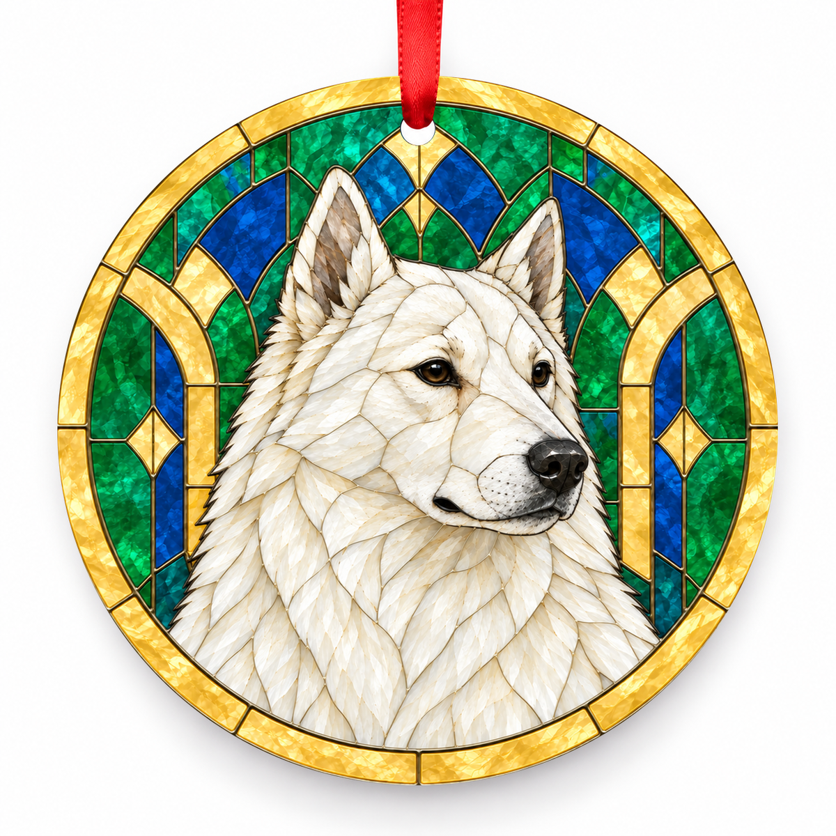 East Siberian Laika White stained glass style Christmas ornament with red ribbon — ORN-10615