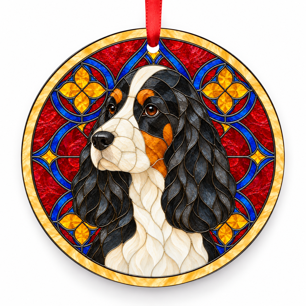 English Cocker Spaniel Black, White and Tan stained glass style Christmas ornament with red ribbon — ORN-10621