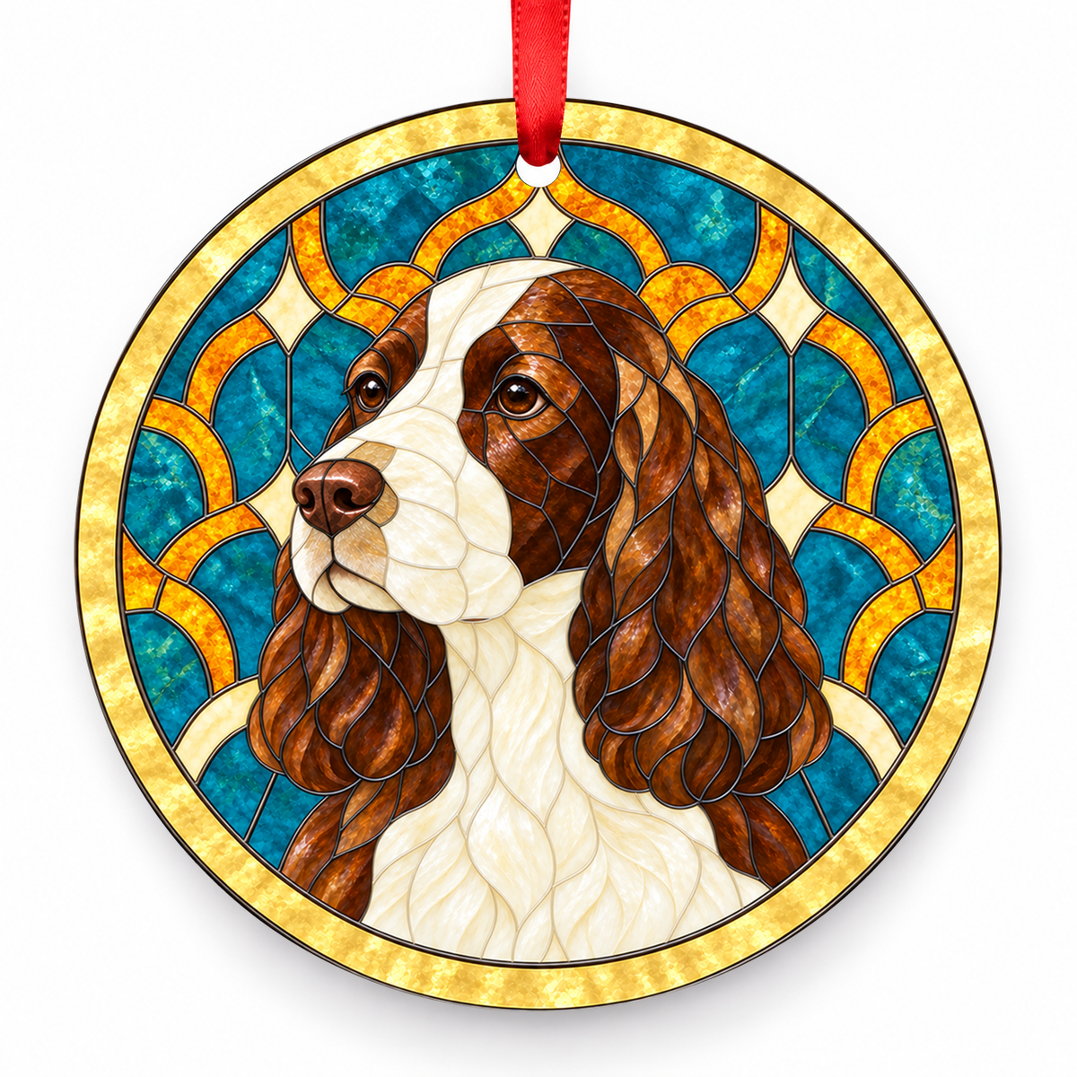 English Cocker Spaniel Liver and White stained glass style Christmas ornament with red ribbon — ORN-10624