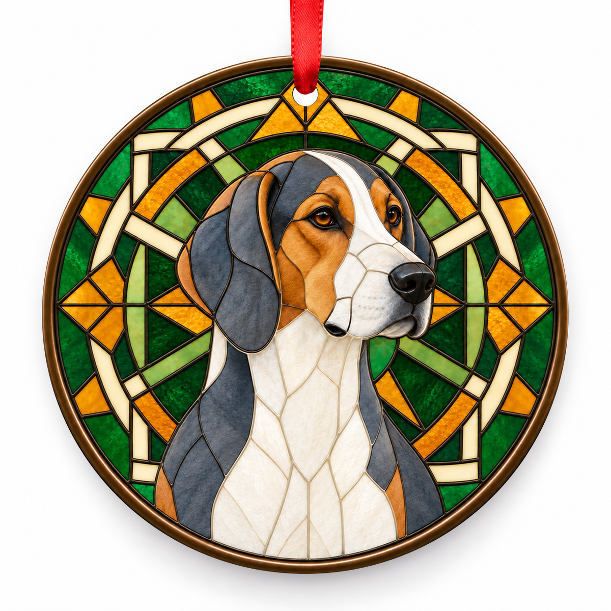English Foxhound Blue White Tan stained glass style Christmas ornament with red ribbon — ORN-10636