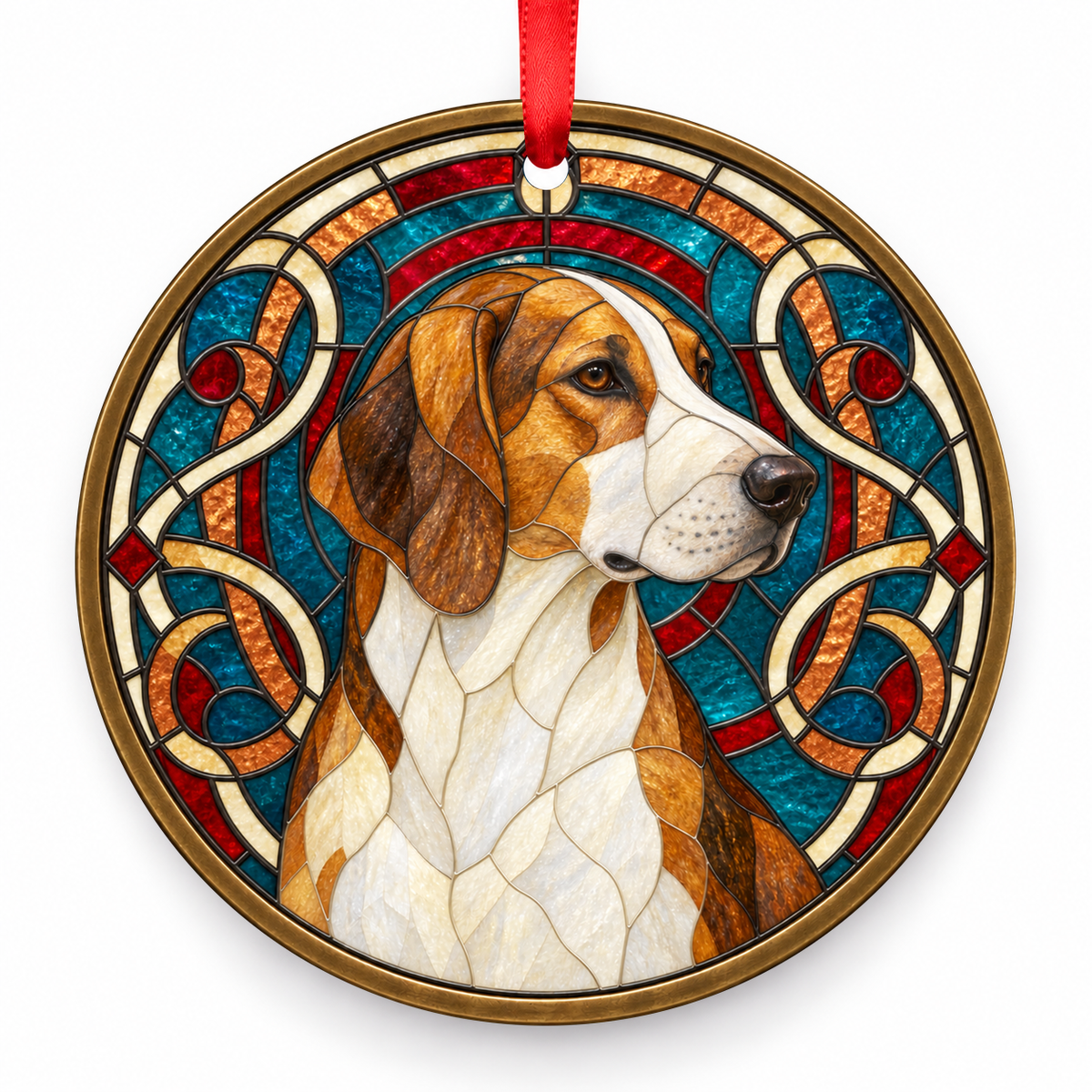 English Foxhound Hare Pied stained glass style Christmas ornament with red ribbon — ORN-10637