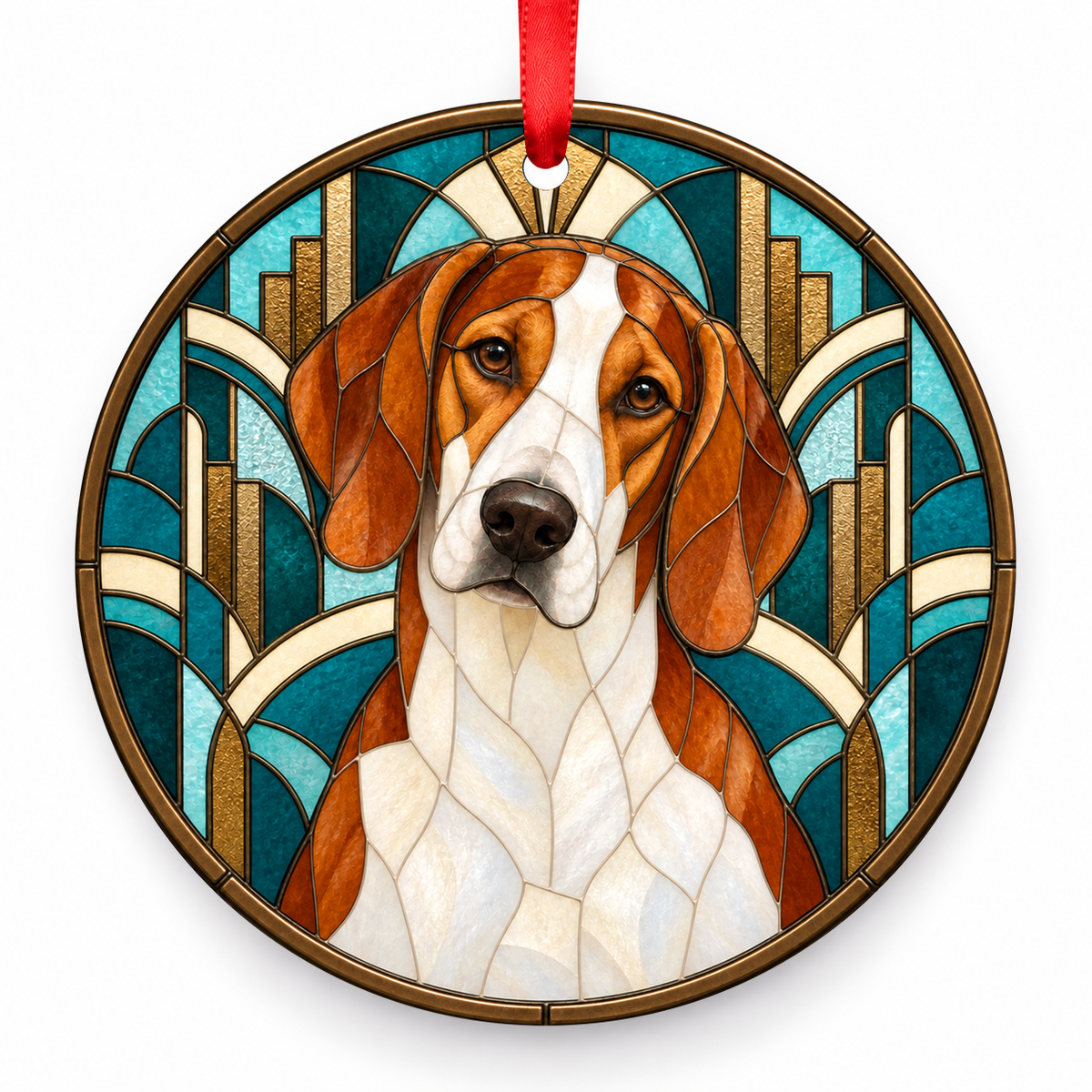 English Foxhound Red White stained glass style Christmas ornament with red ribbon — ORN-10640