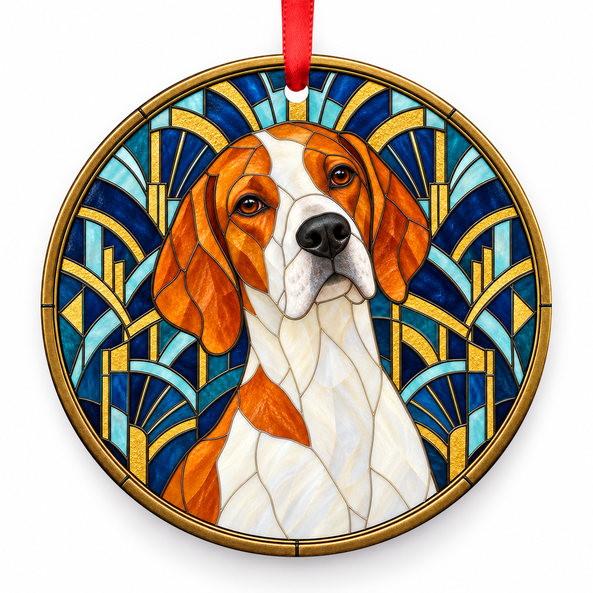 Orange White English Pointer stained glass style porcelain Christmas ornament with red ribbon