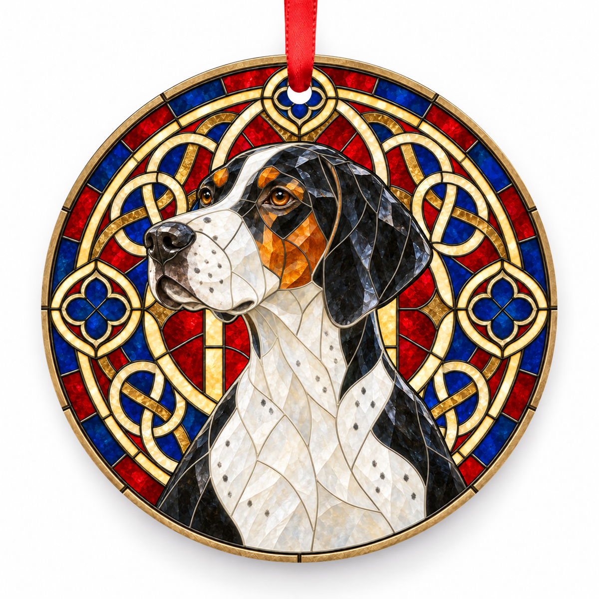Tricolor English Pointer stained glass style porcelain Christmas ornament with red ribbon