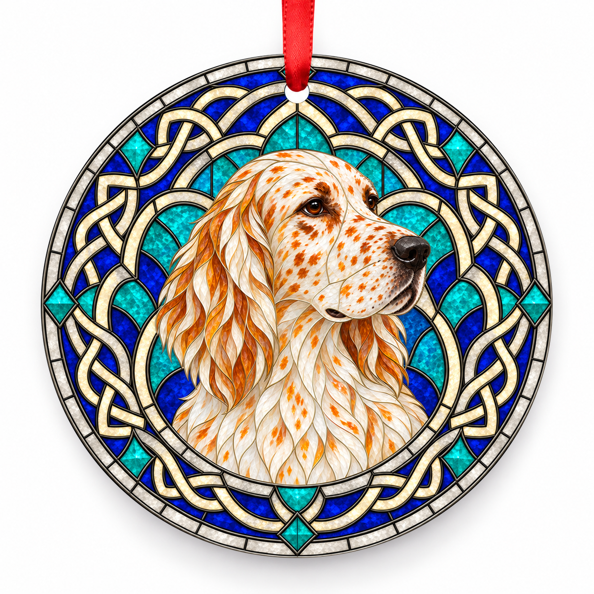 Orange Belton English Setter stained glass style porcelain Christmas ornament with red ribbon