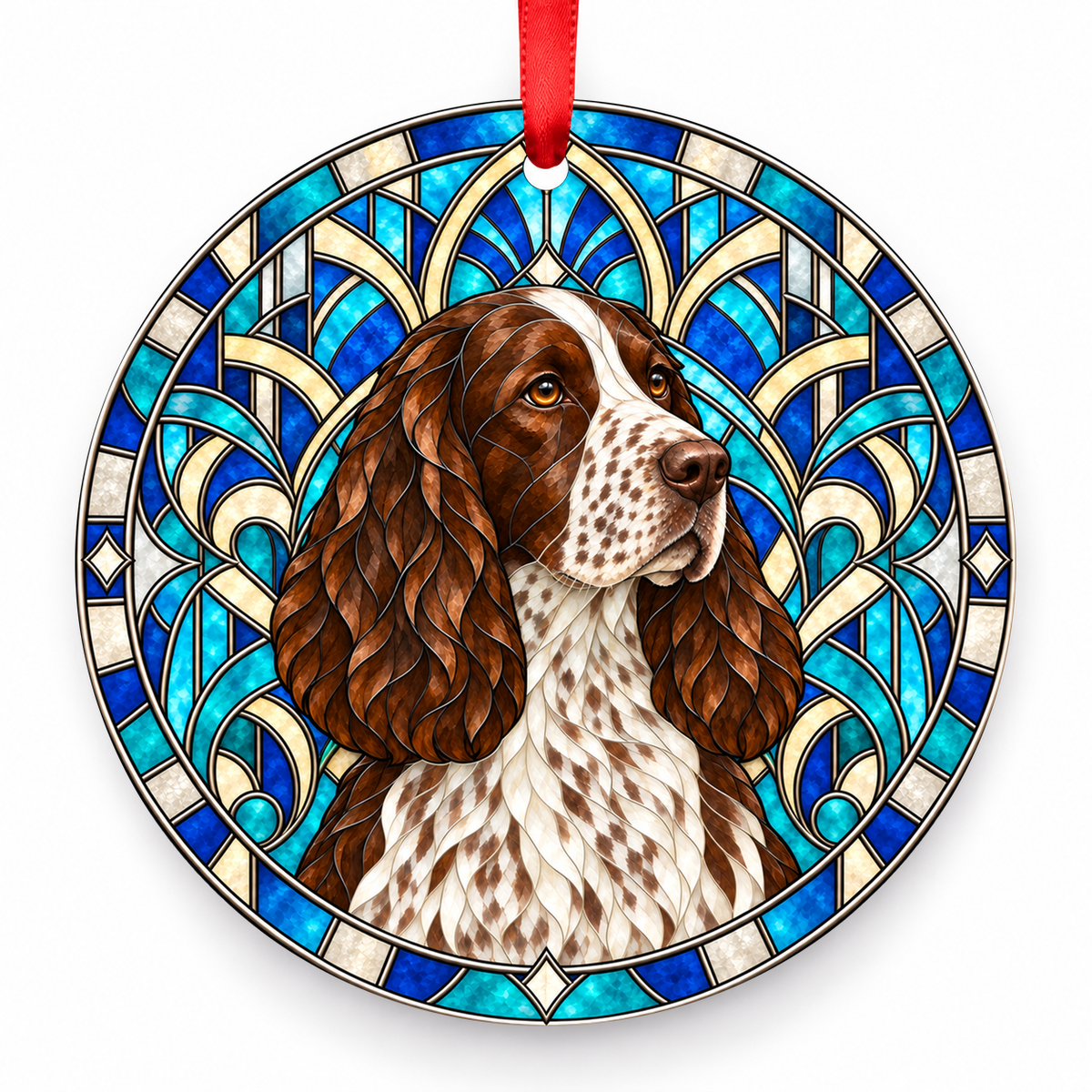 Liver Roan English Springer Spaniel stained glass style porcelain Christmas ornament with red ribbon
