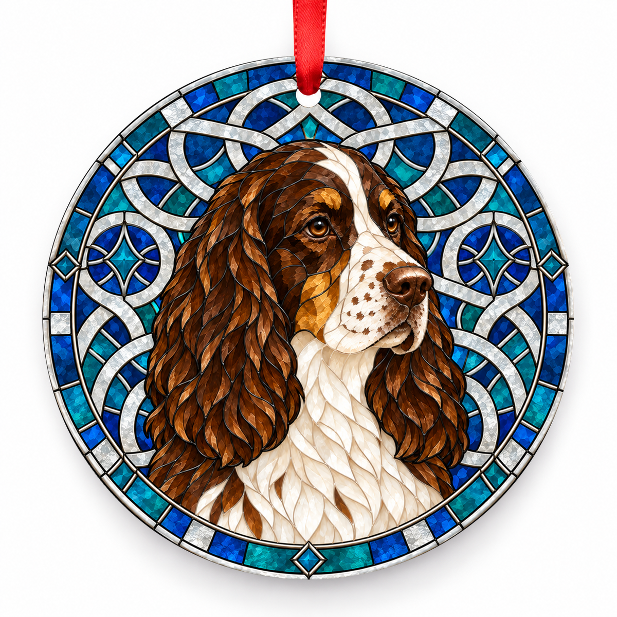 Liver, White Tan English Springer Spaniel stained glass style porcelain Christmas ornament with red ribbon
