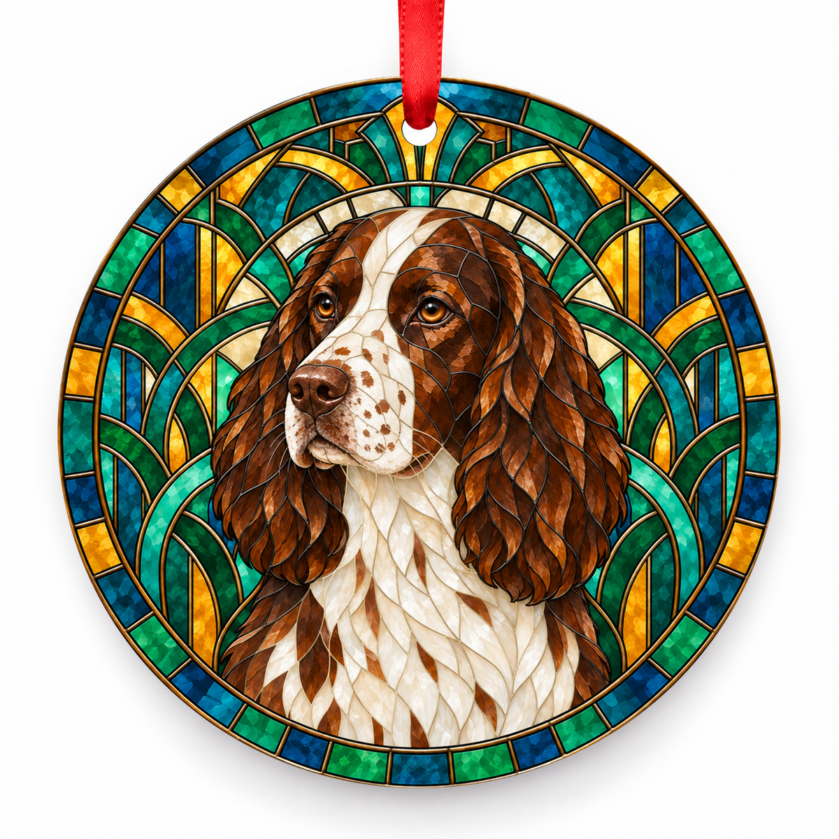 Liver and White English Springer Spaniel stained glass style porcelain Christmas ornament with red ribbon
