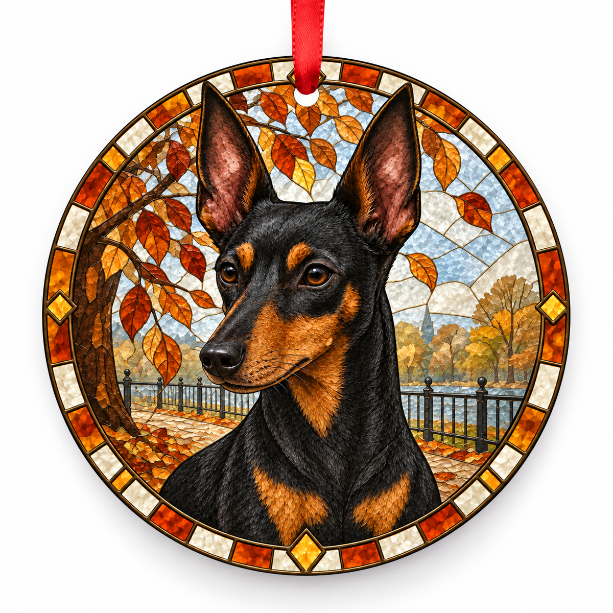 Black and Tan English Toy Terrier (Black and Tan) stained glass style porcelain Christmas ornament with red ribbon