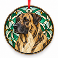 Brindle Estrela Mountain Dog stained glass style porcelain Christmas ornament with red ribbon