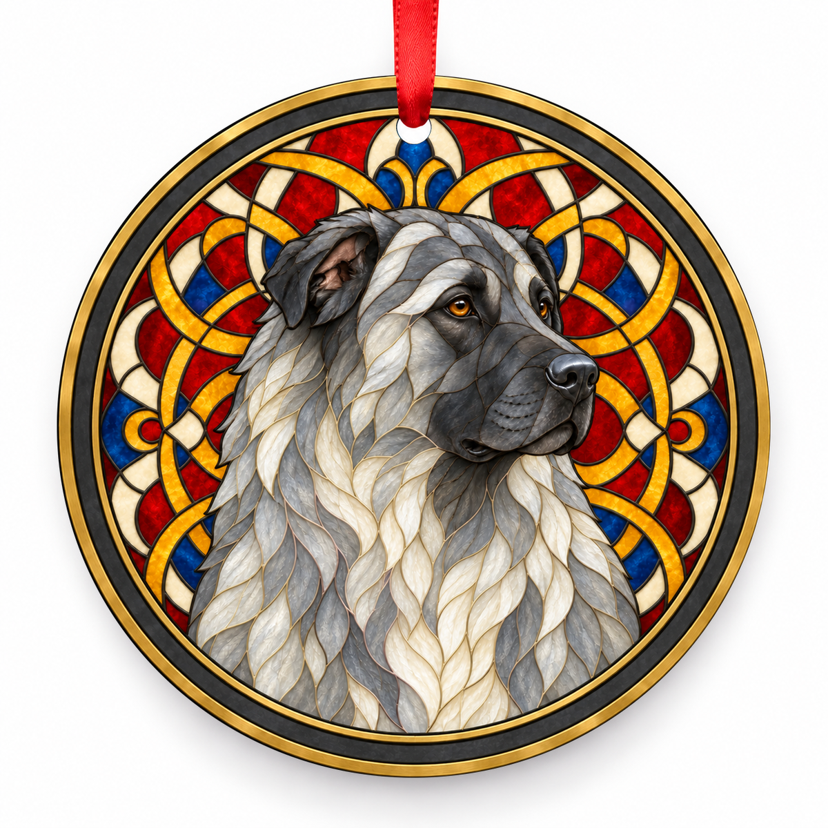 Grey Estrela Mountain Dog stained glass style porcelain Christmas ornament with red ribbon