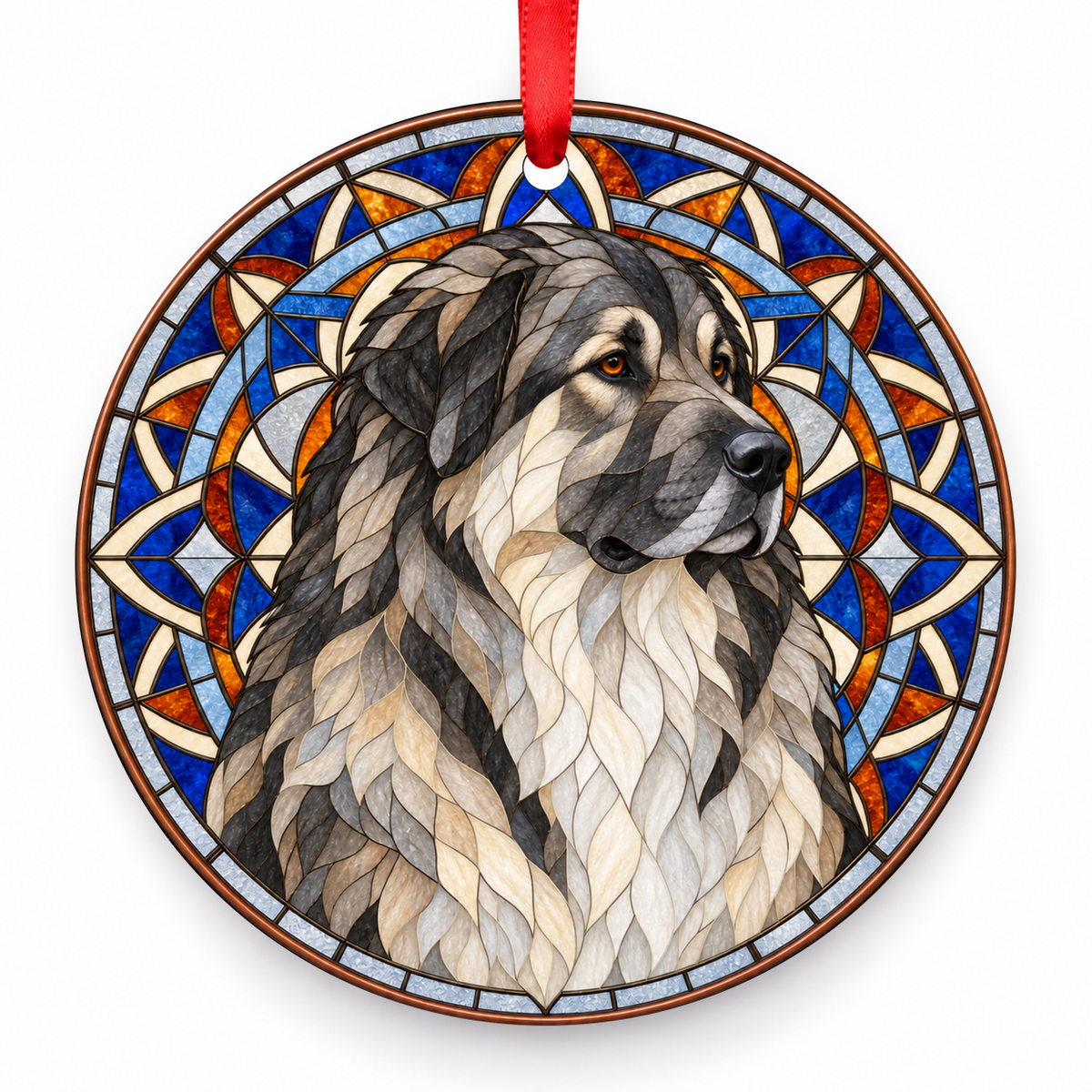 Wolf Grey Estrela Mountain Dog stained glass style porcelain Christmas ornament with red ribbon