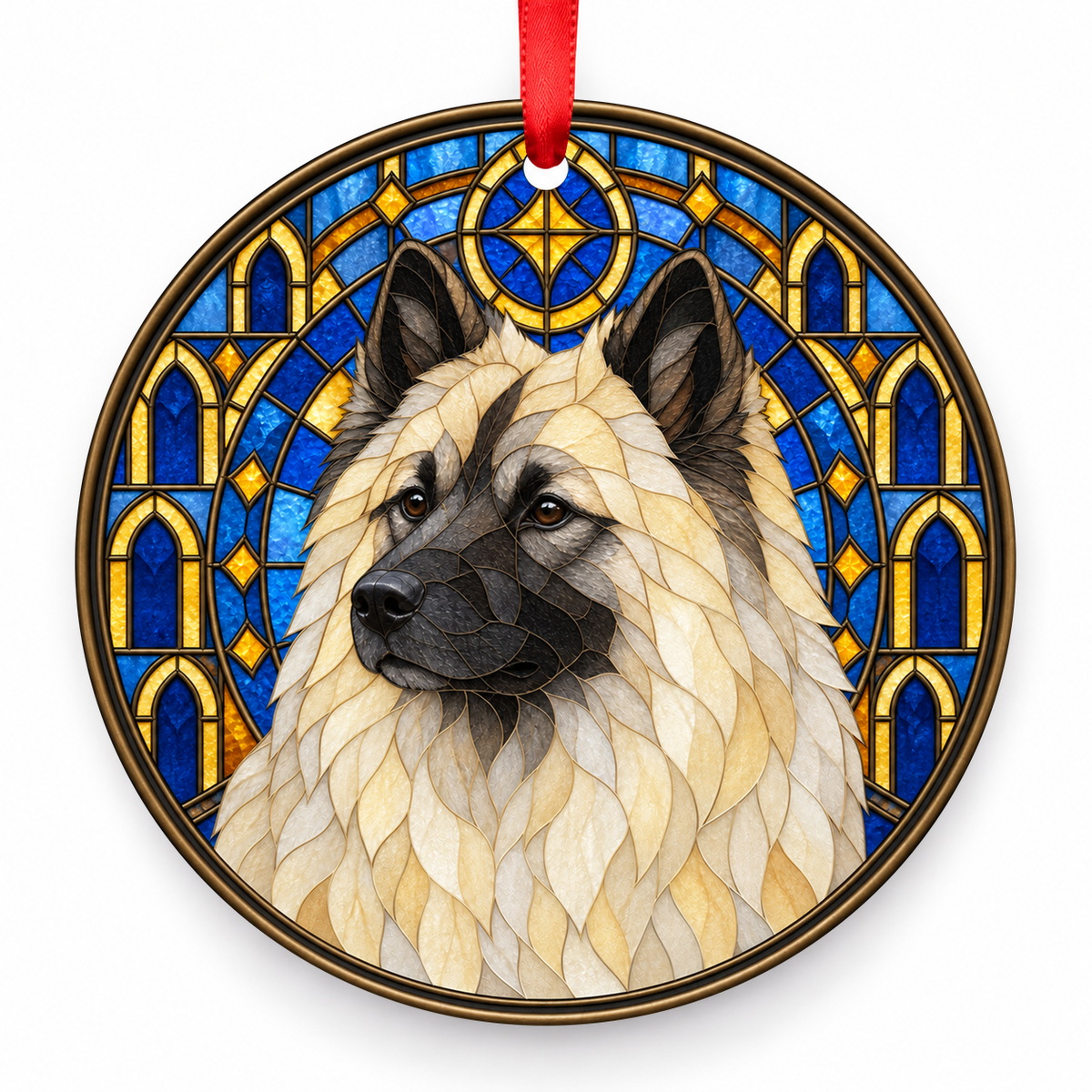 Cream Black Mask Eurasian stained glass style porcelain Christmas ornament with red ribbon