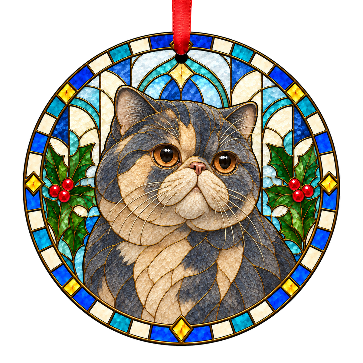 Exotic Blue and Cream stained glass style Christmas ornament