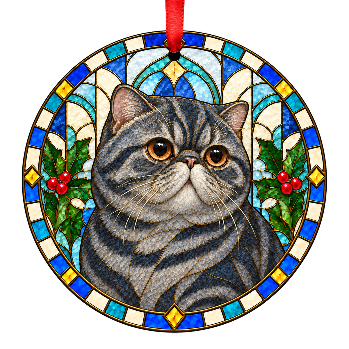 Exotic Blue Tabby stained glass style Christmas ornament