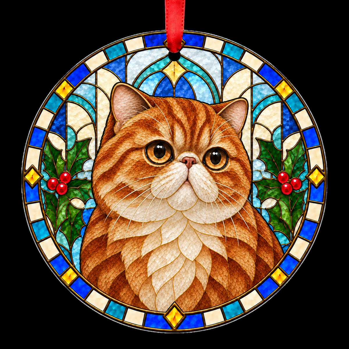 Exotic Red Tabby stained glass style Christmas ornament