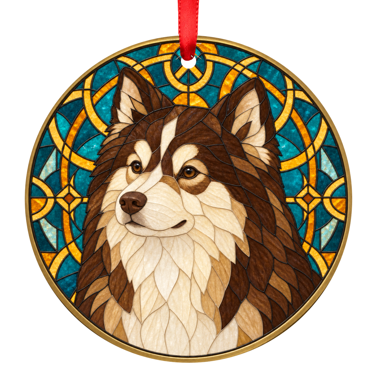 Finnish Lapphund Brown Domino stained glass style Christmas ornament
