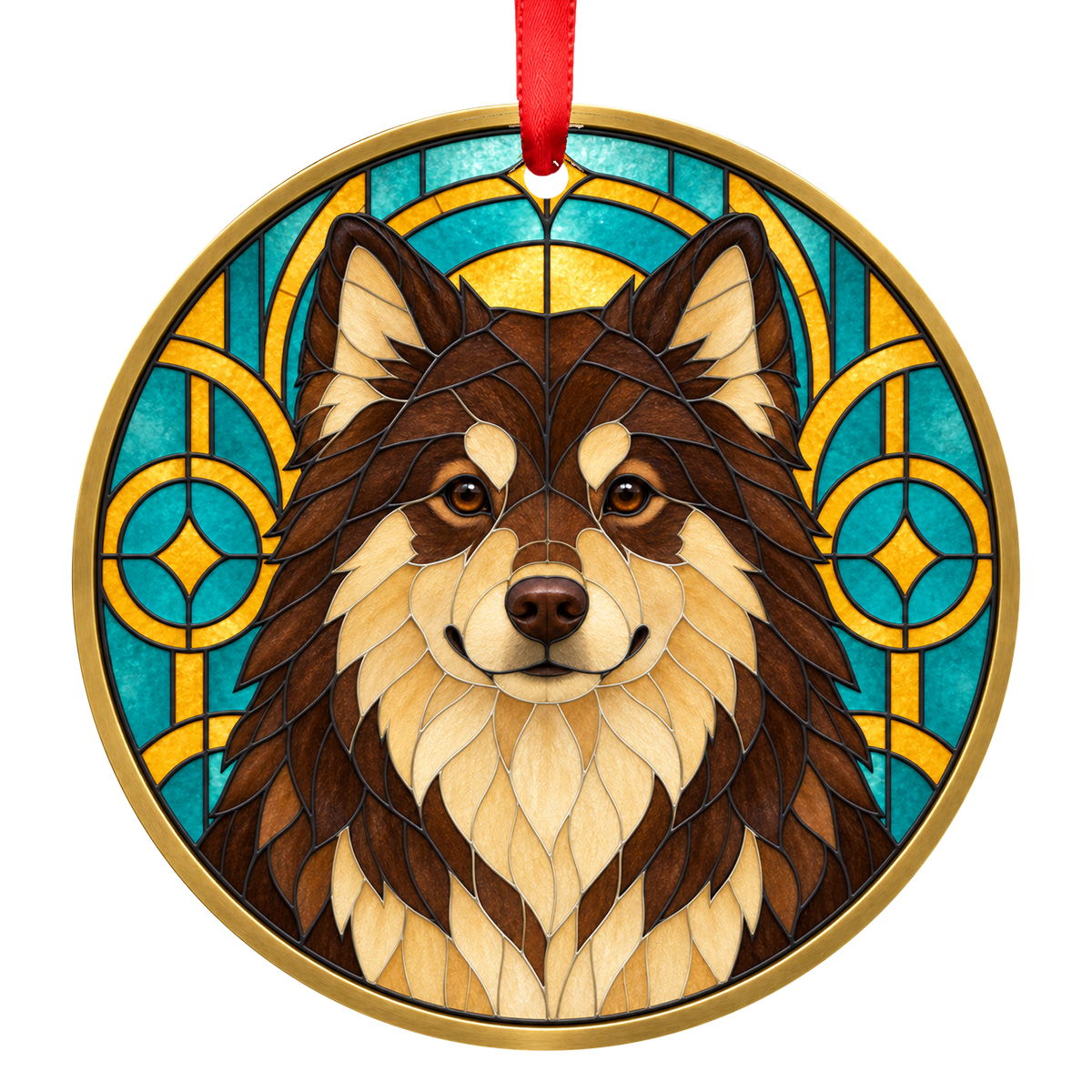 Finnish Lapphund Brown and Tan stained glass style Christmas ornament