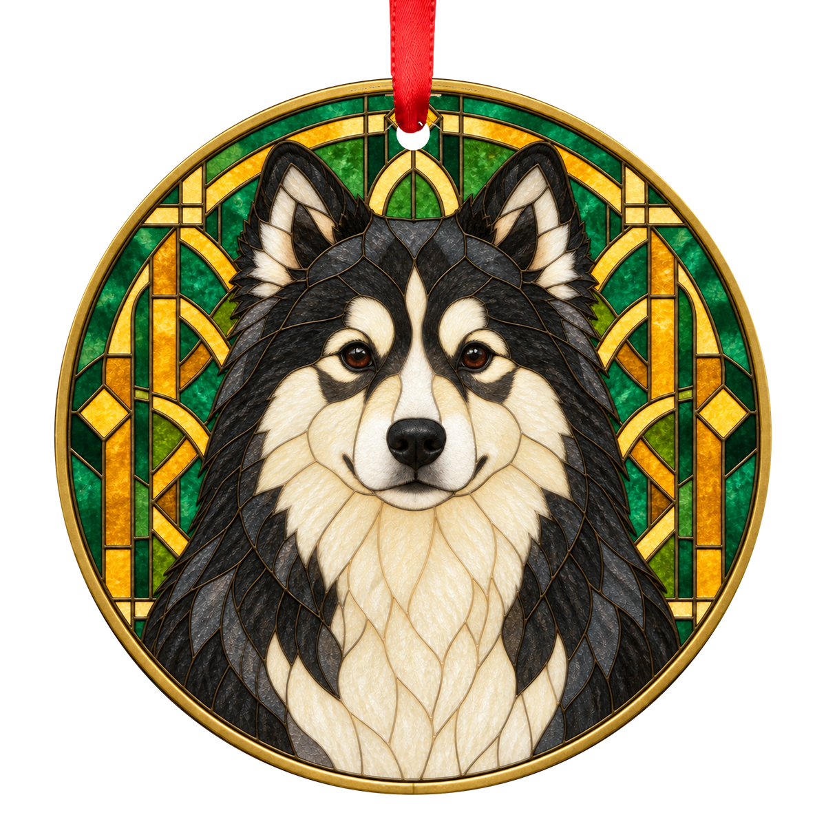 Finnish Lapphund Domino stained glass style Christmas ornament
