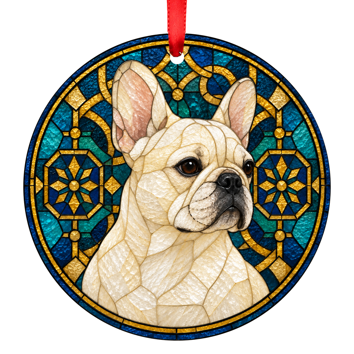 French Bulldog Cream stained glass style Christmas ornament