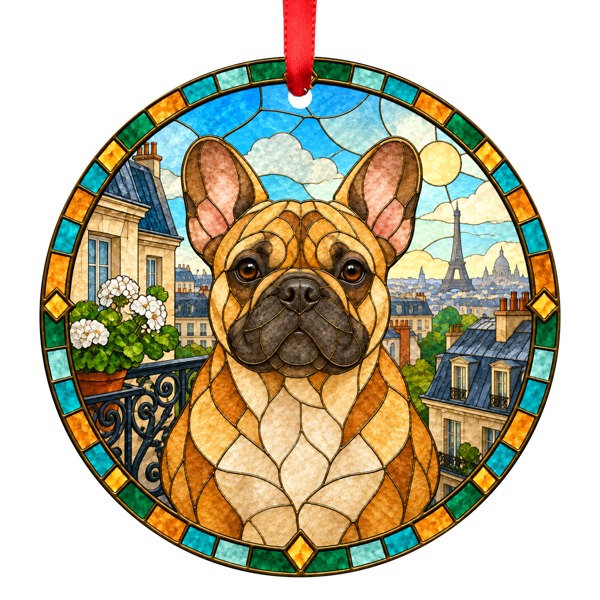 French Bulldog Fawn Black Mask stained glass style Christmas ornament