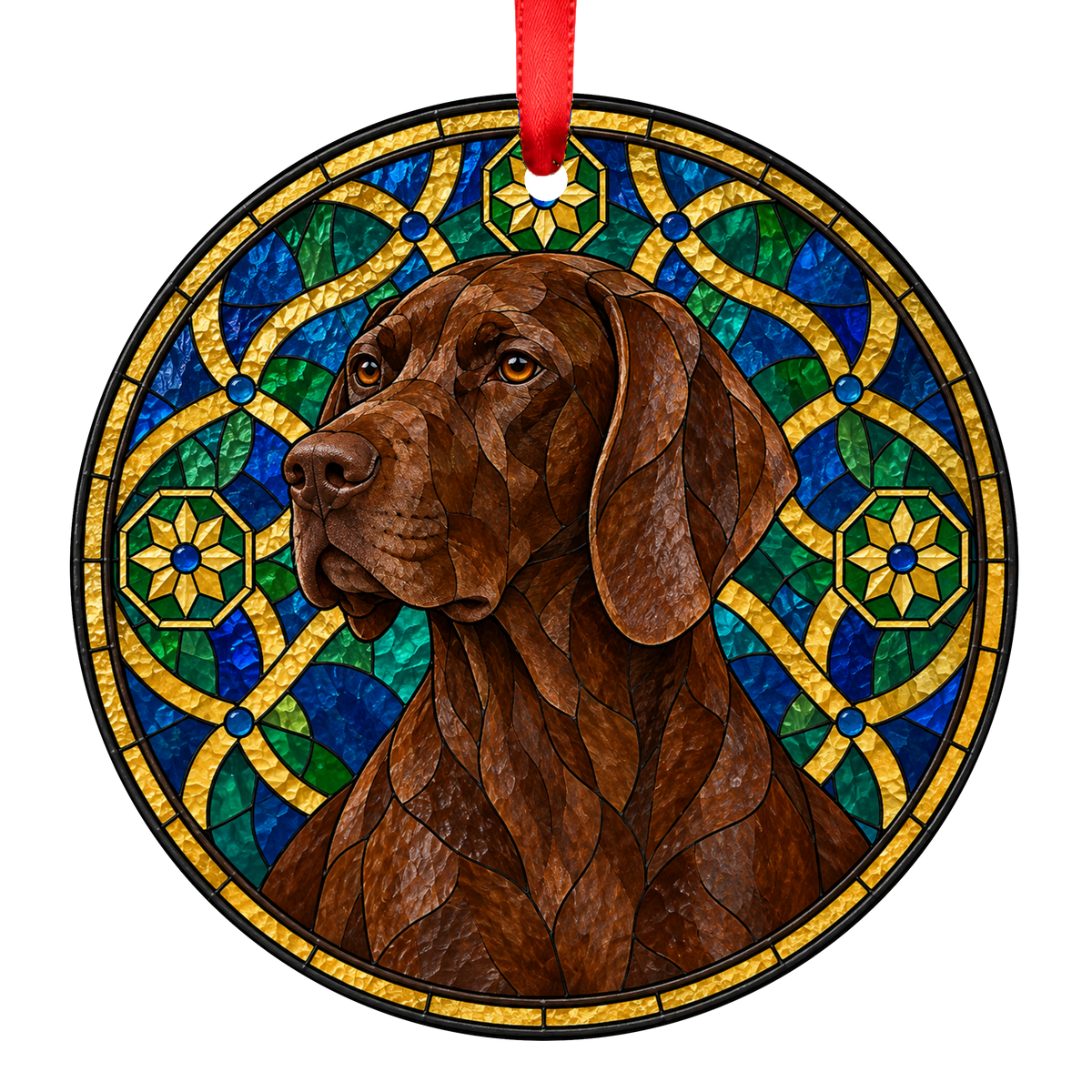French Pointing Dog - Gascogne Type Brown stained glass Christmas ornament