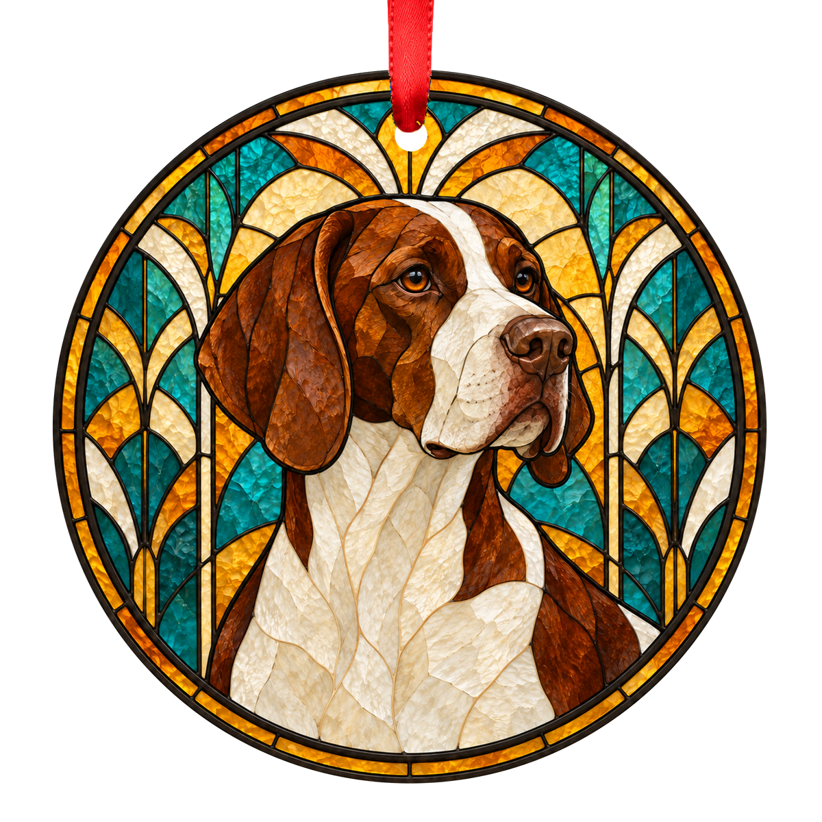 French Pointing Dog - Gascogne Type Brown and White stained glass Christmas ornament