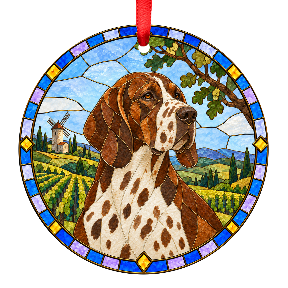 French Pointing Dog - Gascogne Type Brown and White Ticked stained glass Christmas ornament