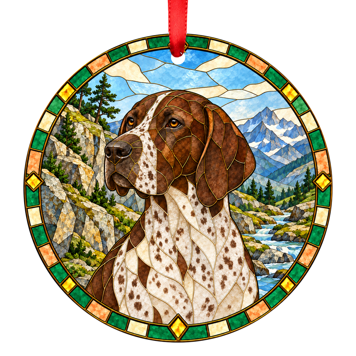 French Pointing Dog - Pyrenean Type Brown and White Ticked stained glass style Christmas ornament