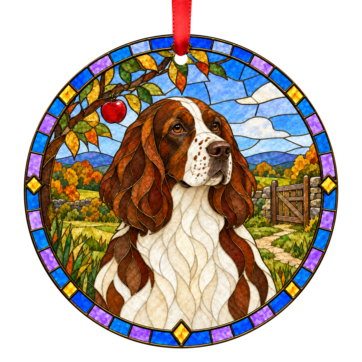 French Spaniel Brown and White stained glass ornament