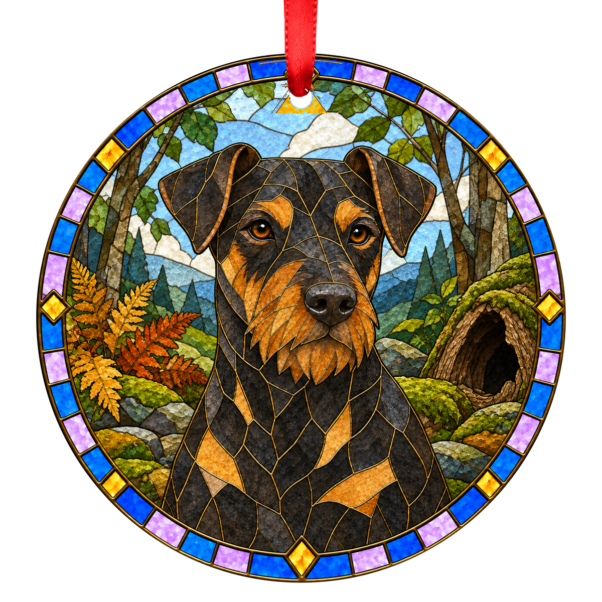 German Hunting Terrier Black and Tan stained glass ornament