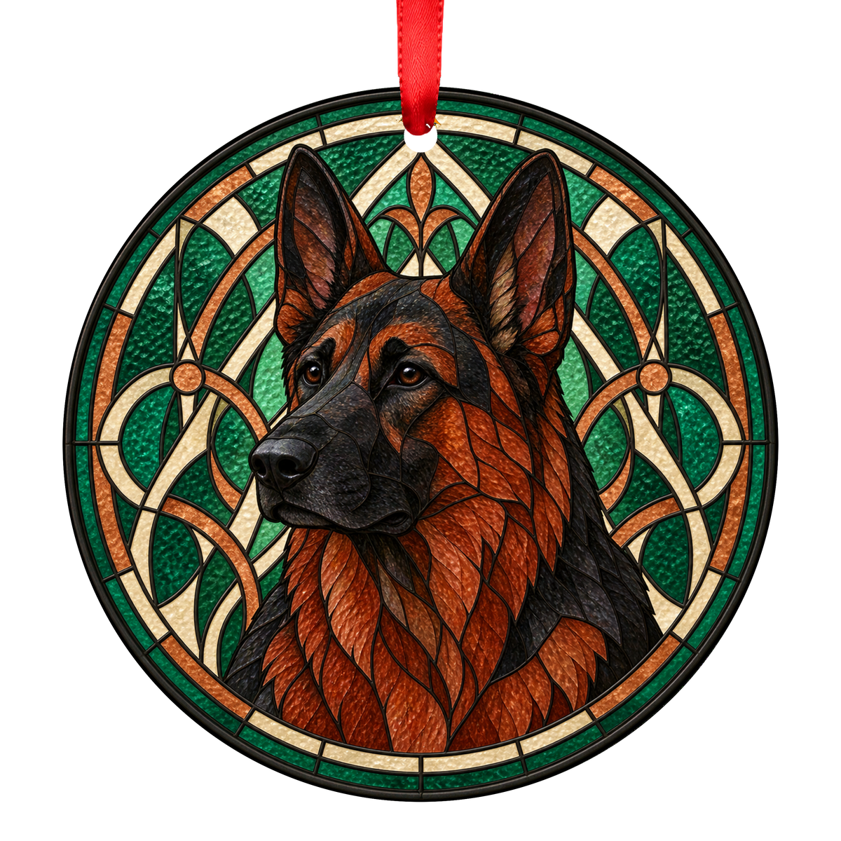 German Shepherd Dog Black and Red stained glass style Christmas ornament