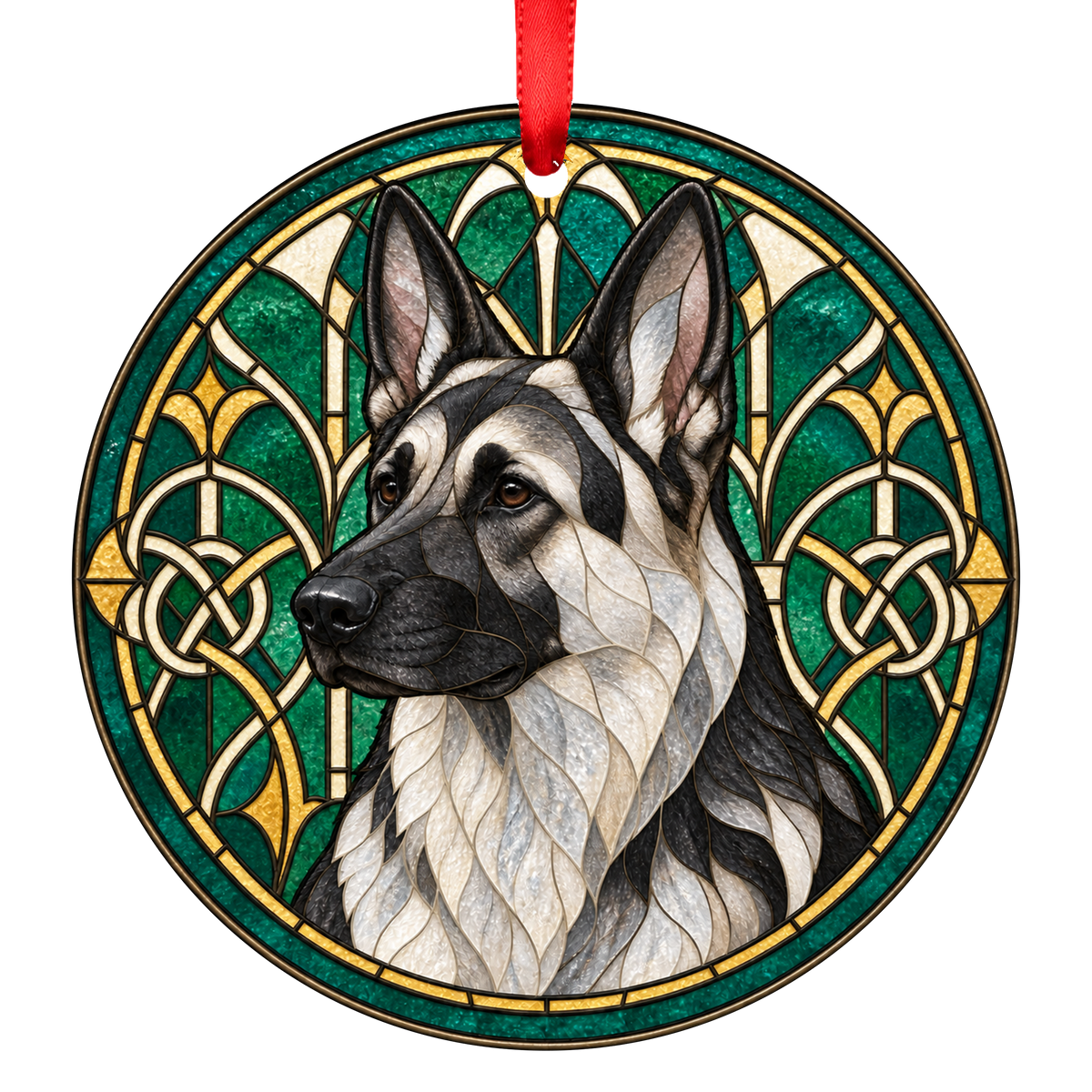German Shepherd Dog Black and Silver stained glass style Christmas ornament