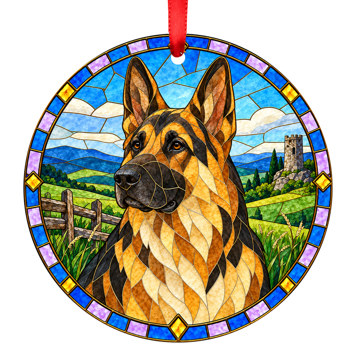German Shepherd Dog Black and Tan stained glass style Christmas ornament