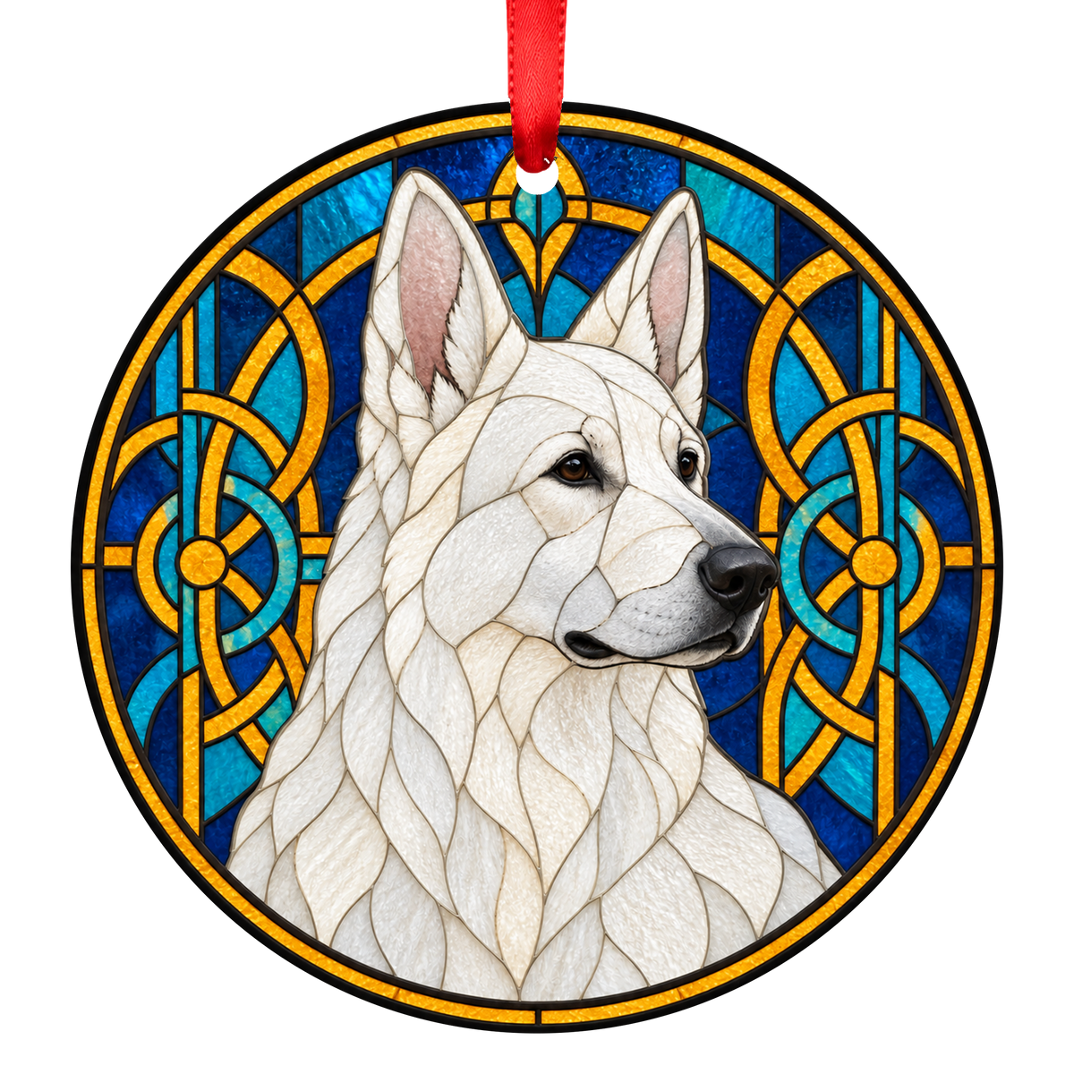 German Shepherd Dog White stained glass style Christmas ornament