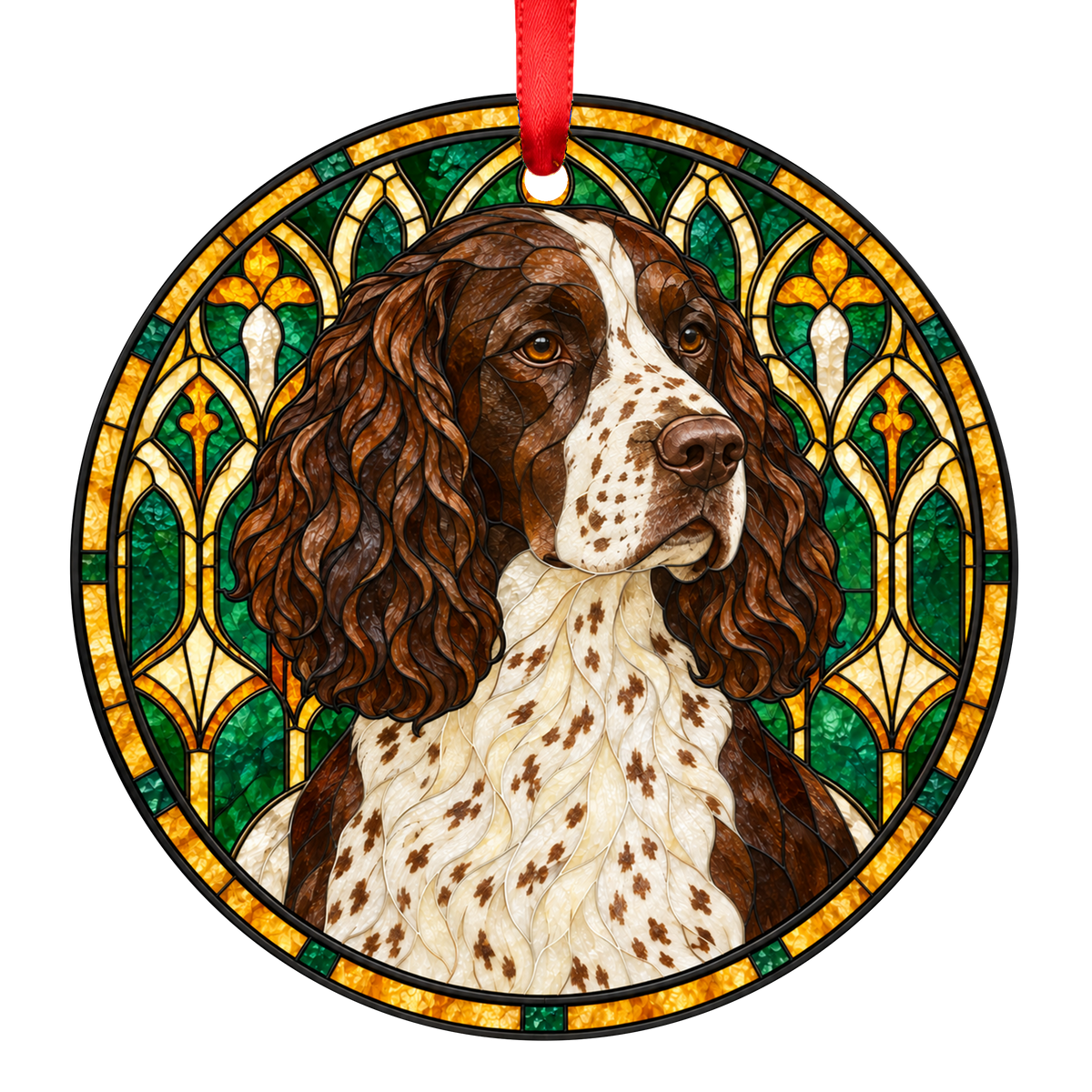 German Spaniel Brown White Ticked stained glass Christmas ornament