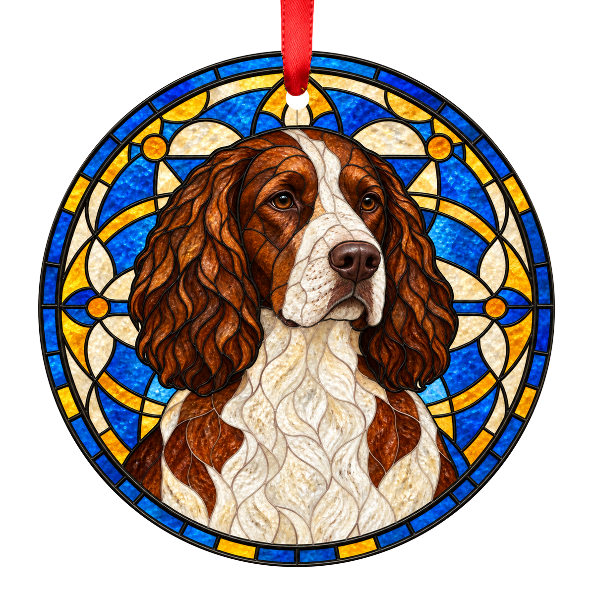 German Spaniel Red and White stained glass Christmas ornament